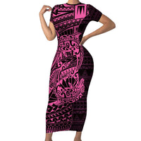 Pink Couple Dolphins Maori Polynesian Style Family Matching Short Sleeve Bodycon Dress and Hawaiian Shirt LT9 Mom's Dress Pink - Polynesian Pride
