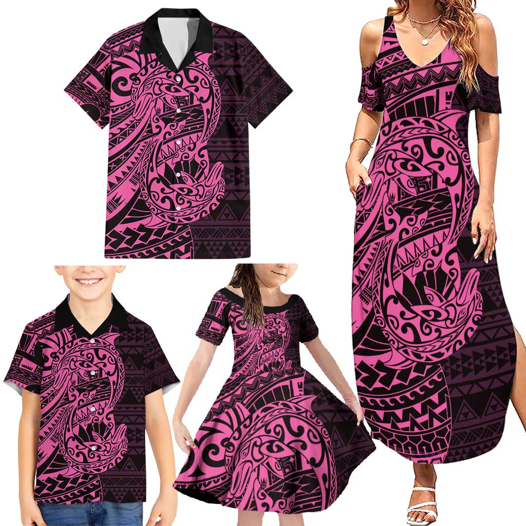 Pink Couple Dolphins Maori Polynesian Style Family Matching Summer Maxi Dress and Hawaiian Shirt LT9 - Polynesian Pride