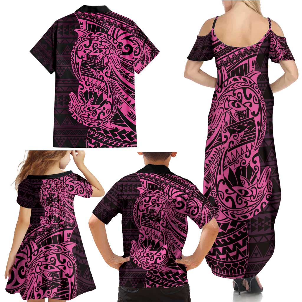 Pink Couple Dolphins Maori Polynesian Style Family Matching Summer Maxi Dress and Hawaiian Shirt LT9 - Polynesian Pride