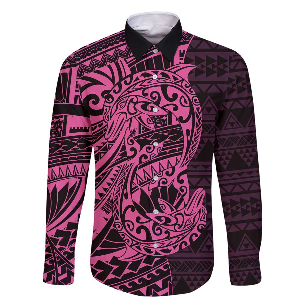 Pink Couple Dolphins Maori Polynesian Style Family Matching Summer Maxi Dress and Hawaiian Shirt LT9 Dad's Shirt - Long Sleeve Pink - Polynesian Pride
