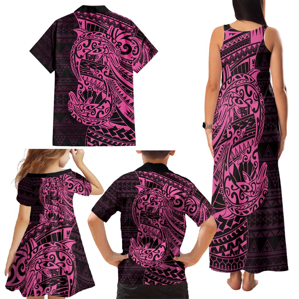 Pink Couple Dolphins Maori Polynesian Style Family Matching Tank Maxi Dress and Hawaiian Shirt LT9 - Polynesian Pride
