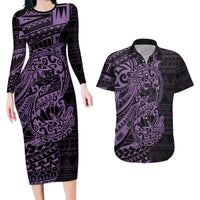 Purple Couple Dolphins Maori Polynesian Style Couples Matching Long Sleeve Bodycon Dress and Hawaiian Shirt LT9 Purple - Polynesian Pride