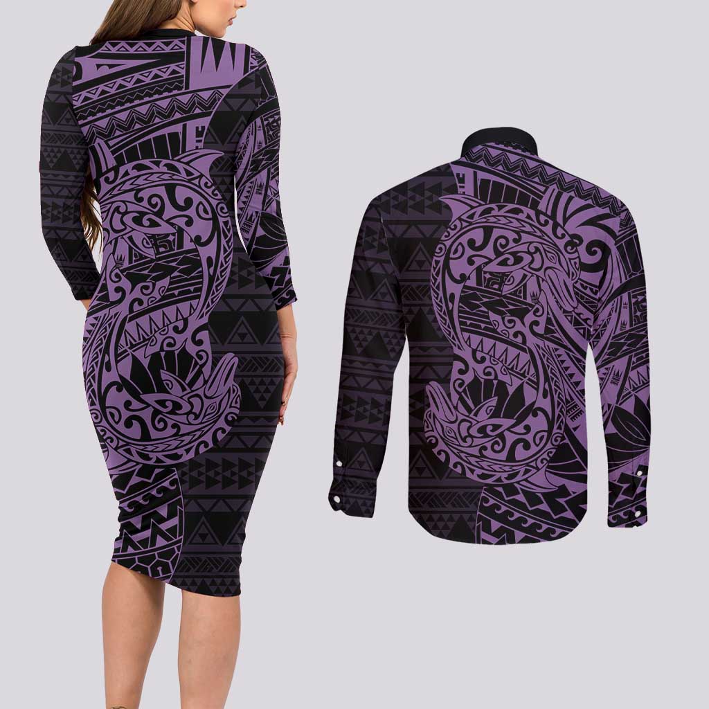 Purple Couple Dolphins Maori Polynesian Style Couples Matching Long Sleeve Bodycon Dress and Long Sleeve Button Shirt LT9 - Polynesian Pride