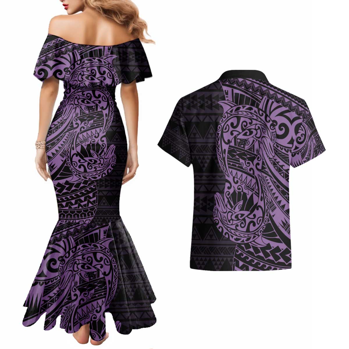 Purple Couple Dolphins Maori Polynesian Style Couples Matching Mermaid Dress and Hawaiian Shirt LT9 - Polynesian Pride