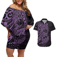 Purple Couple Dolphins Maori Polynesian Style Couples Matching Off Shoulder Short Dress and Hawaiian Shirt LT9 Purple - Polynesian Pride