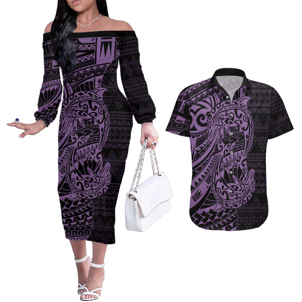 Purple Couple Dolphins Maori Polynesian Style Couples Matching Off The Shoulder Long Sleeve Dress and Hawaiian Shirt LT9 Purple - Polynesian Pride