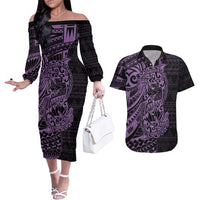 Purple Couple Dolphins Maori Polynesian Style Couples Matching Off The Shoulder Long Sleeve Dress and Hawaiian Shirt LT9 Purple - Polynesian Pride