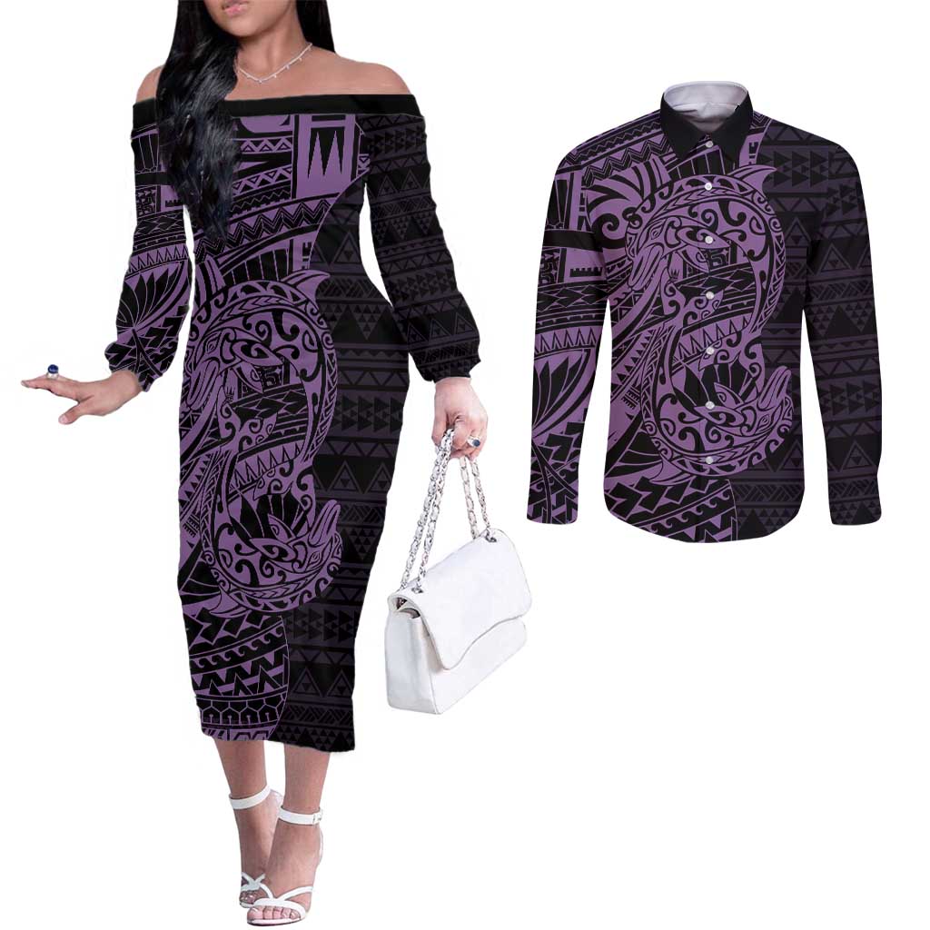 Purple Couple Dolphins Maori Polynesian Style Couples Matching Off The Shoulder Long Sleeve Dress and Long Sleeve Button Shirt LT9 Purple - Polynesian Pride