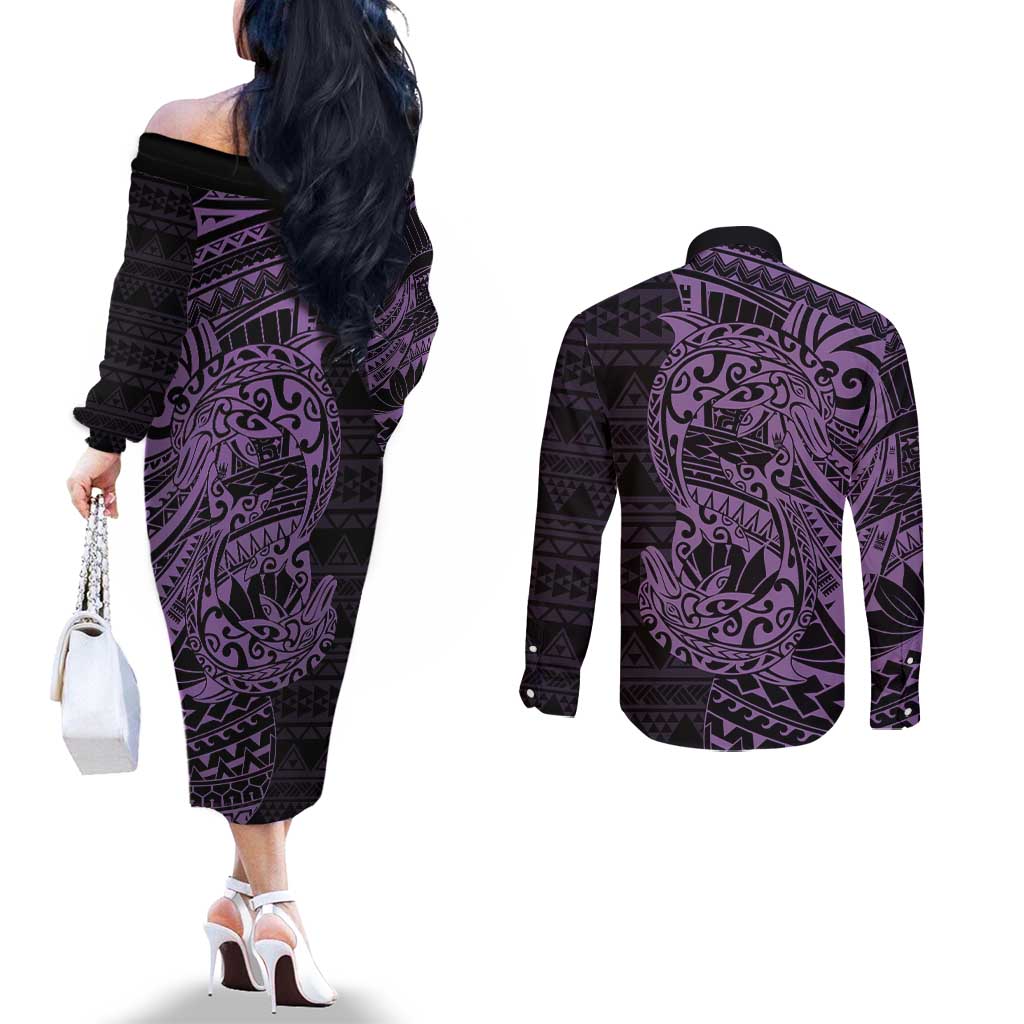 Purple Couple Dolphins Maori Polynesian Style Couples Matching Off The Shoulder Long Sleeve Dress and Long Sleeve Button Shirt LT9 - Polynesian Pride