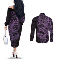 Purple Couple Dolphins Maori Polynesian Style Couples Matching Off The Shoulder Long Sleeve Dress and Long Sleeve Button Shirt LT9 - Polynesian Pride
