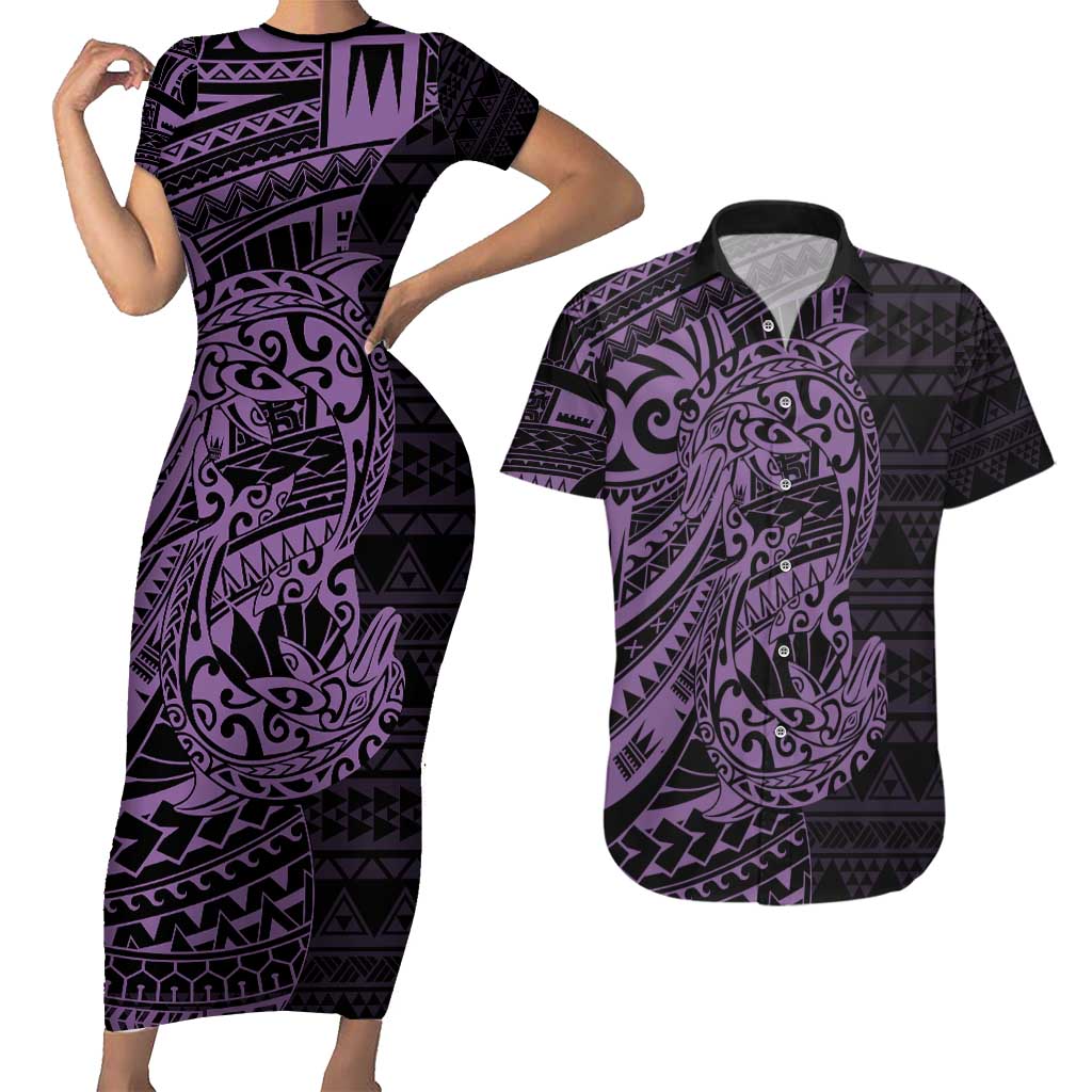 Purple Couple Dolphins Maori Polynesian Style Couples Matching Short Sleeve Bodycon Dress and Hawaiian Shirt LT9 Purple - Polynesian Pride