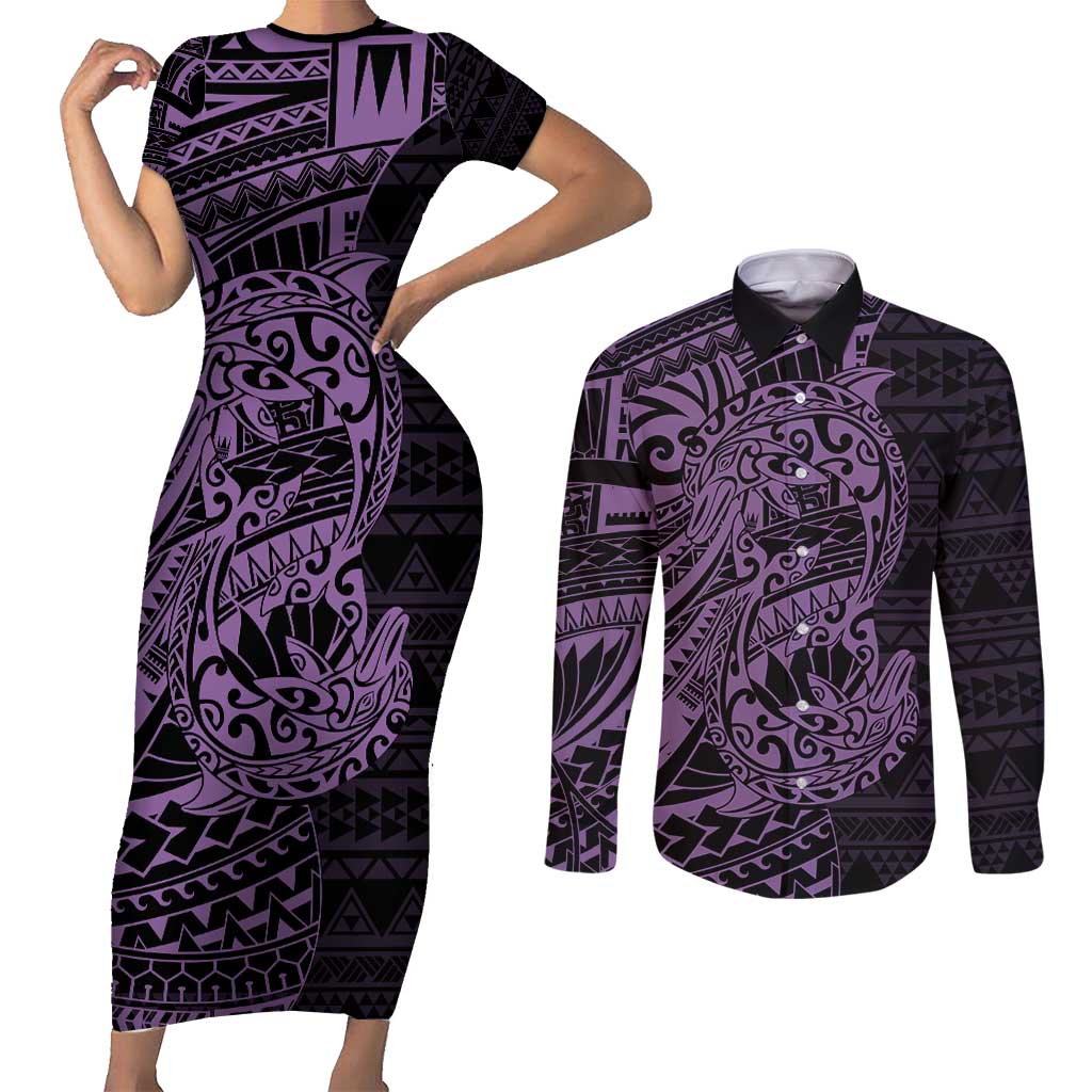 Purple Couple Dolphins Maori Polynesian Style Couples Matching Short Sleeve Bodycon Dress and Long Sleeve Button Shirt LT9 Purple - Polynesian Pride