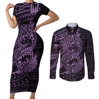 Purple Couple Dolphins Maori Polynesian Style Couples Matching Short Sleeve Bodycon Dress and Long Sleeve Button Shirt LT9 Purple - Polynesian Pride