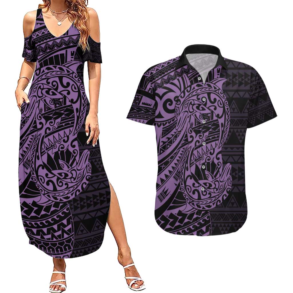 Purple Couple Dolphins Maori Polynesian Style Couples Matching Summer Maxi Dress and Hawaiian Shirt LT9 Purple - Polynesian Pride