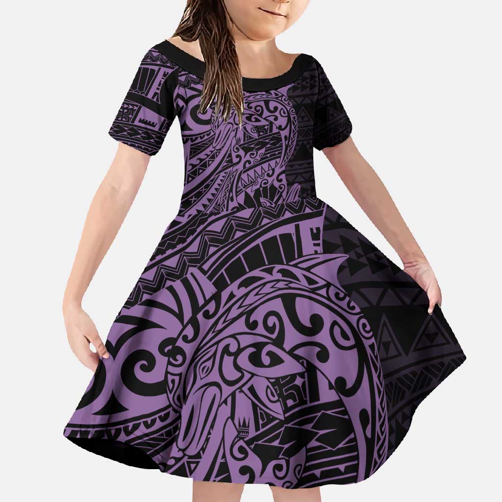 Purple Couple Dolphins Maori Polynesian Style Family Matching Long Sleeve Bodycon Dress and Hawaiian Shirt LT9 Daughter's Dress Purple - Polynesian Pride