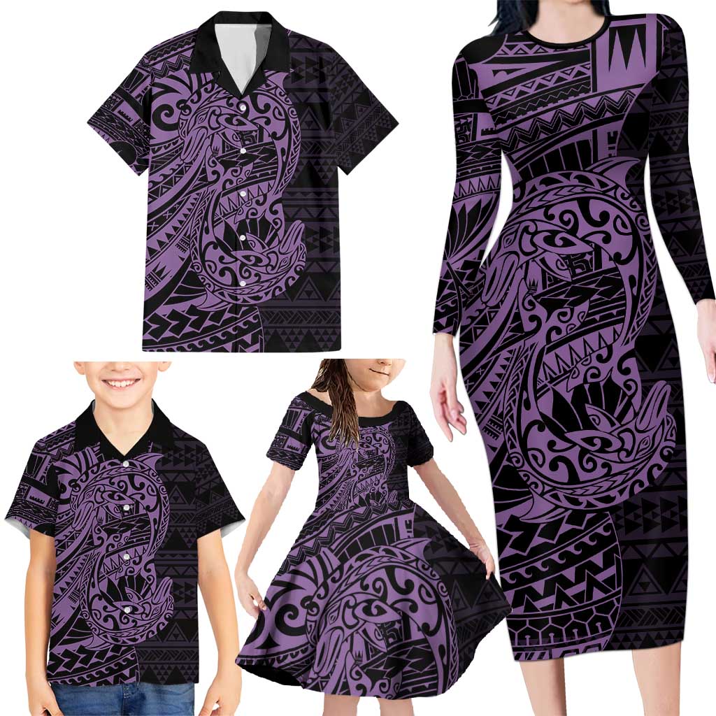 Purple Couple Dolphins Maori Polynesian Style Family Matching Long Sleeve Bodycon Dress and Hawaiian Shirt LT9 - Polynesian Pride