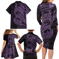 Purple Couple Dolphins Maori Polynesian Style Family Matching Long Sleeve Bodycon Dress and Hawaiian Shirt LT9 - Polynesian Pride