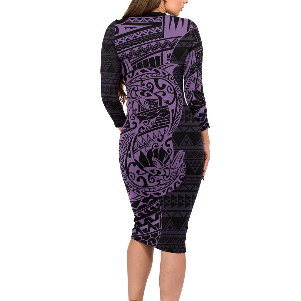 Purple Couple Dolphins Maori Polynesian Style Family Matching Long Sleeve Bodycon Dress and Hawaiian Shirt LT9 - Polynesian Pride
