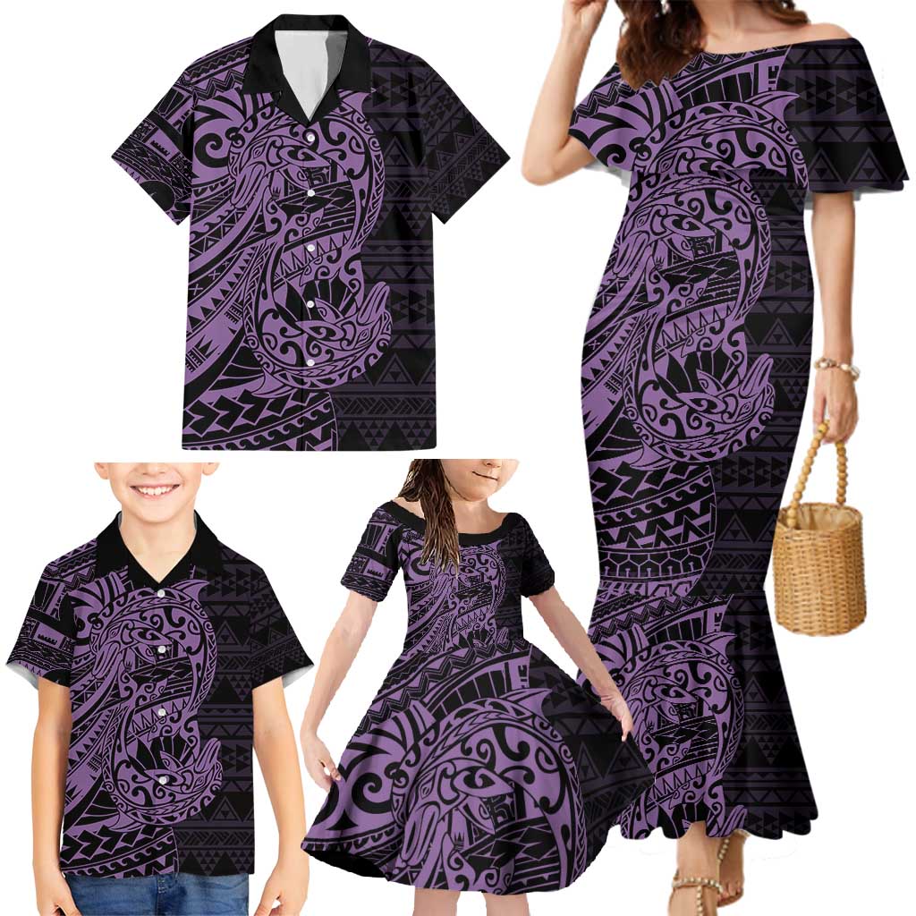 Purple Couple Dolphins Maori Polynesian Style Family Matching Mermaid Dress and Hawaiian Shirt LT9 - Polynesian Pride