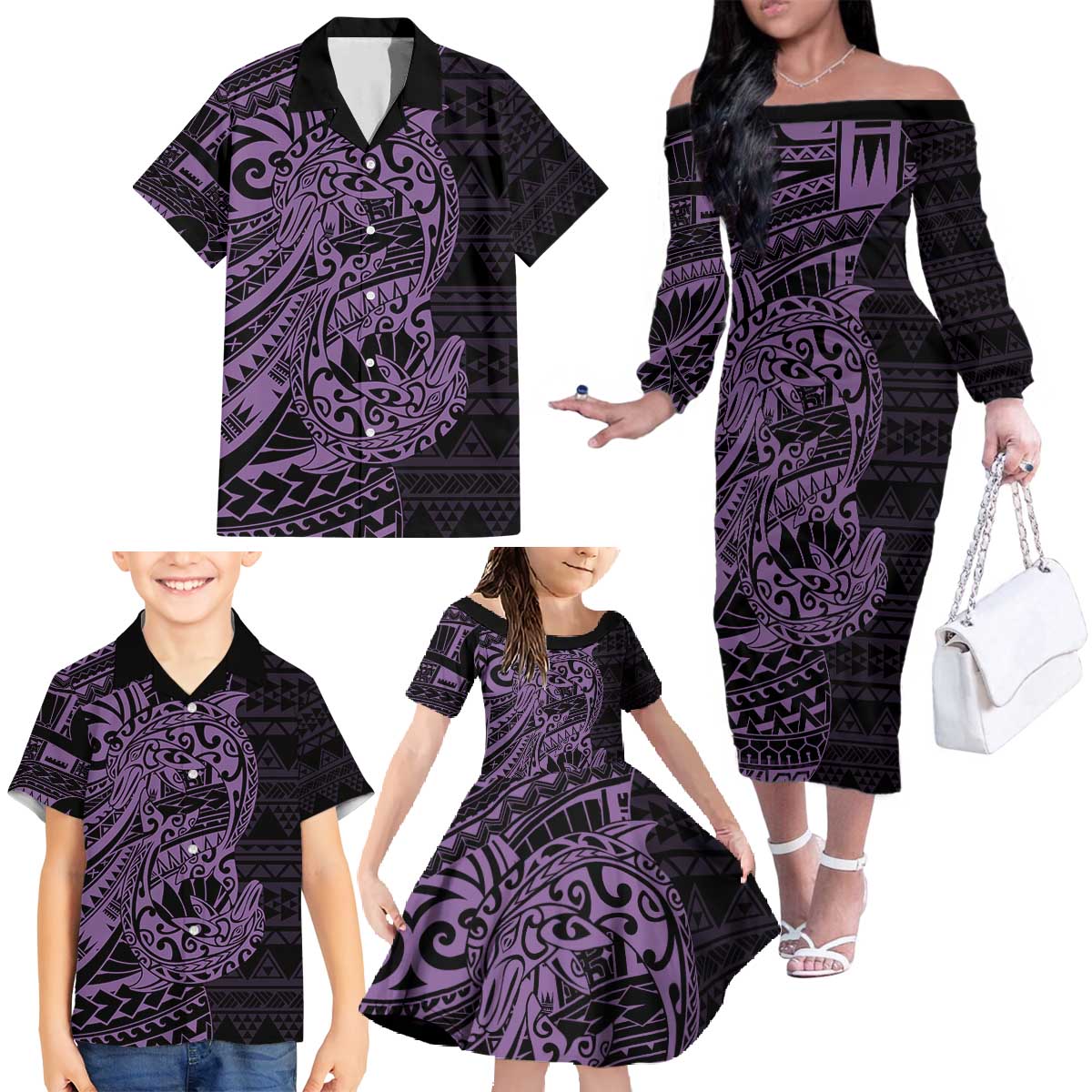 Purple Couple Dolphins Maori Polynesian Style Family Matching Off The Shoulder Long Sleeve Dress and Hawaiian Shirt LT9 - Polynesian Pride