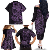 Purple Couple Dolphins Maori Polynesian Style Family Matching Off The Shoulder Long Sleeve Dress and Hawaiian Shirt LT9 - Polynesian Pride