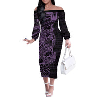 Purple Couple Dolphins Maori Polynesian Style Family Matching Off The Shoulder Long Sleeve Dress and Hawaiian Shirt LT9 Mom's Dress Purple - Polynesian Pride