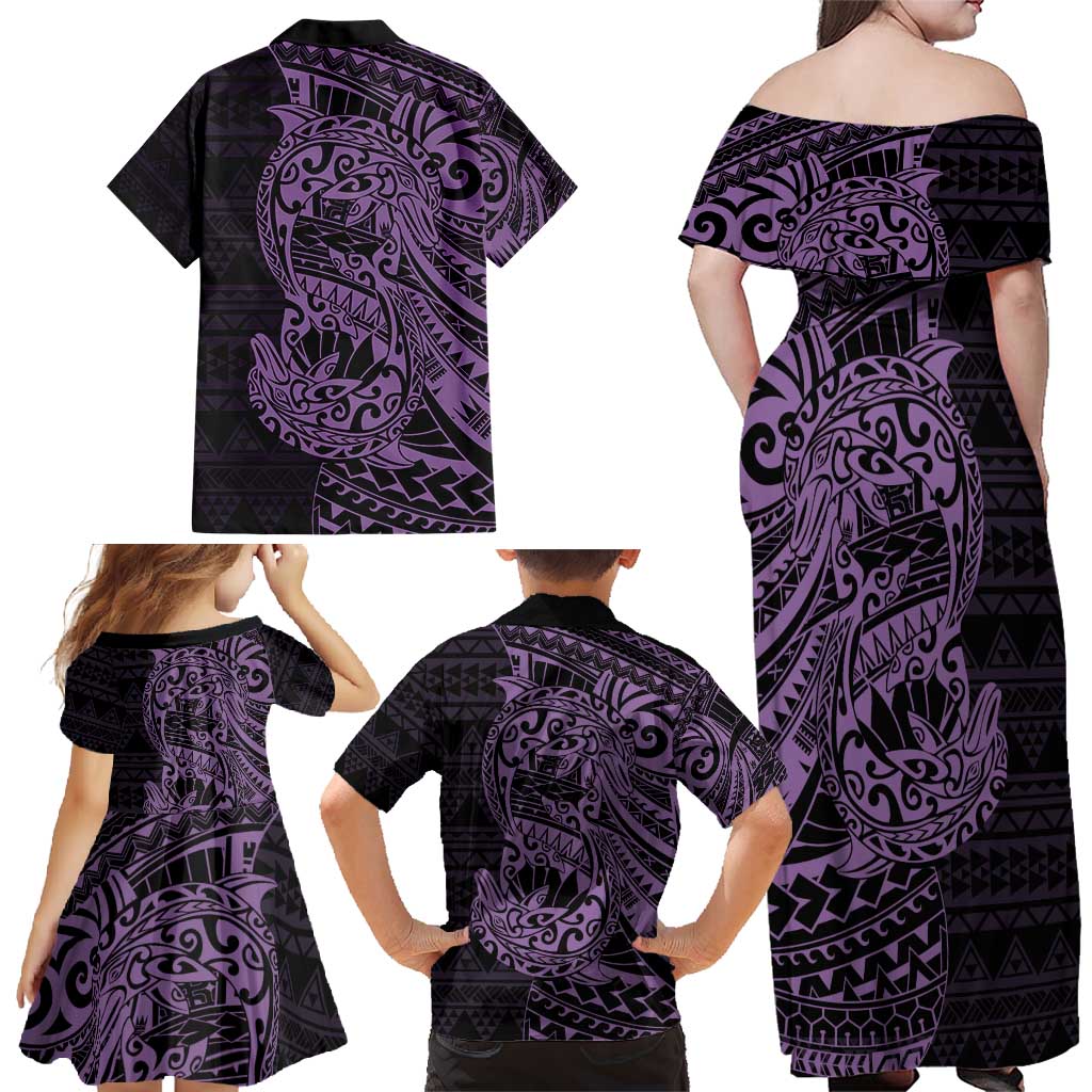 Purple Couple Dolphins Maori Polynesian Style Family Matching Off Shoulder Maxi Dress and Hawaiian Shirt LT9 - Polynesian Pride