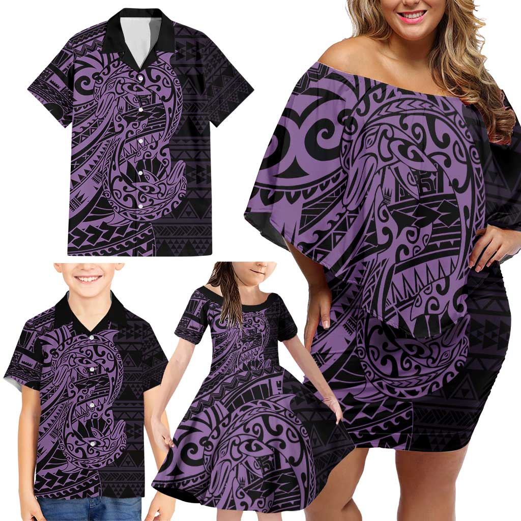 Purple Couple Dolphins Maori Polynesian Style Family Matching Off Shoulder Short Dress and Hawaiian Shirt LT9 - Polynesian Pride