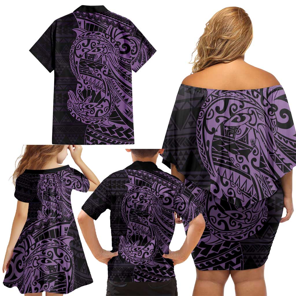 Purple Couple Dolphins Maori Polynesian Style Family Matching Off Shoulder Short Dress and Hawaiian Shirt LT9 - Polynesian Pride