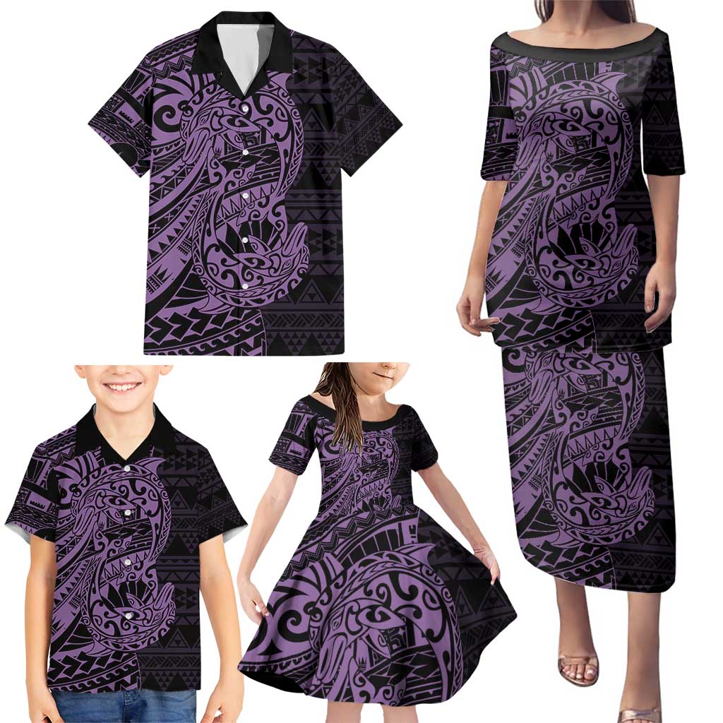 Purple Couple Dolphins Maori Polynesian Style Family Matching Puletasi and Hawaiian Shirt LT9 - Polynesian Pride