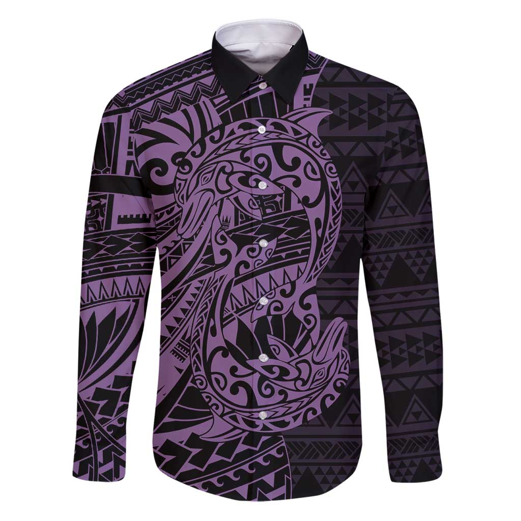 Purple Couple Dolphins Maori Polynesian Style Family Matching Puletasi and Hawaiian Shirt LT9 Dad's Shirt - Long Sleeve Purple - Polynesian Pride