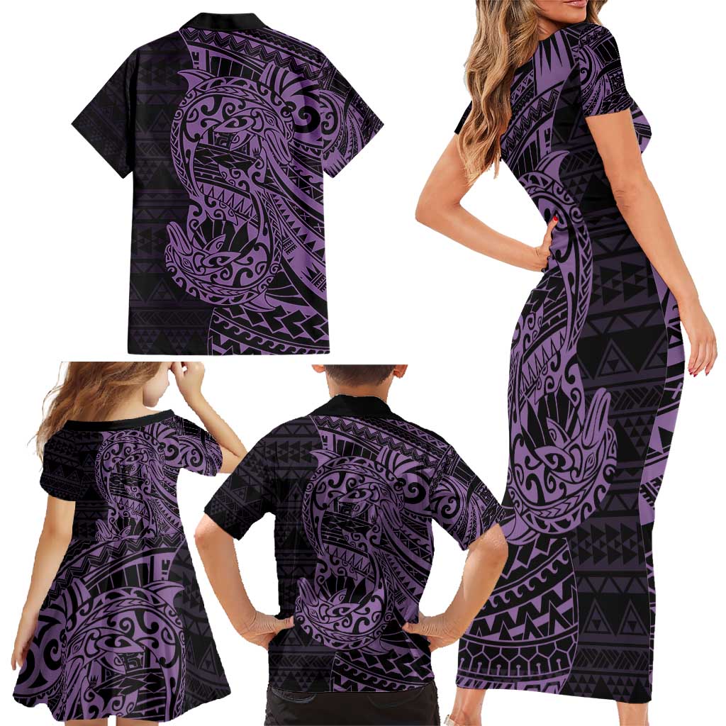 Purple Couple Dolphins Maori Polynesian Style Family Matching Short Sleeve Bodycon Dress and Hawaiian Shirt LT9 - Polynesian Pride