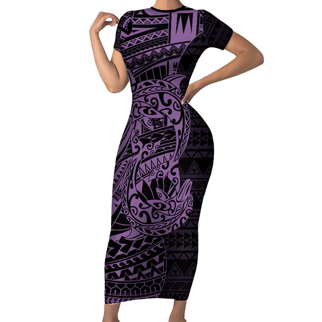Purple Couple Dolphins Maori Polynesian Style Family Matching Short Sleeve Bodycon Dress and Hawaiian Shirt LT9 Mom's Dress Purple - Polynesian Pride