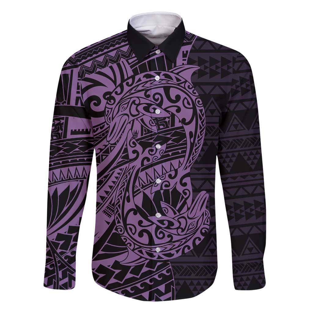 Purple Couple Dolphins Maori Polynesian Style Family Matching Summer Maxi Dress and Hawaiian Shirt LT9 Dad's Shirt - Long Sleeve Purple - Polynesian Pride