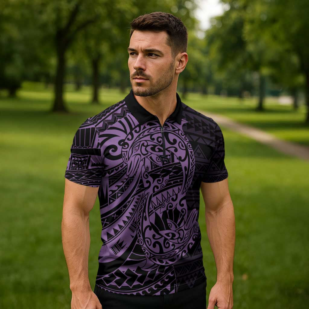 Purple Couple Dolphins Maori Polynesian Style Zipper Polo Shirt - Polynesian Pride