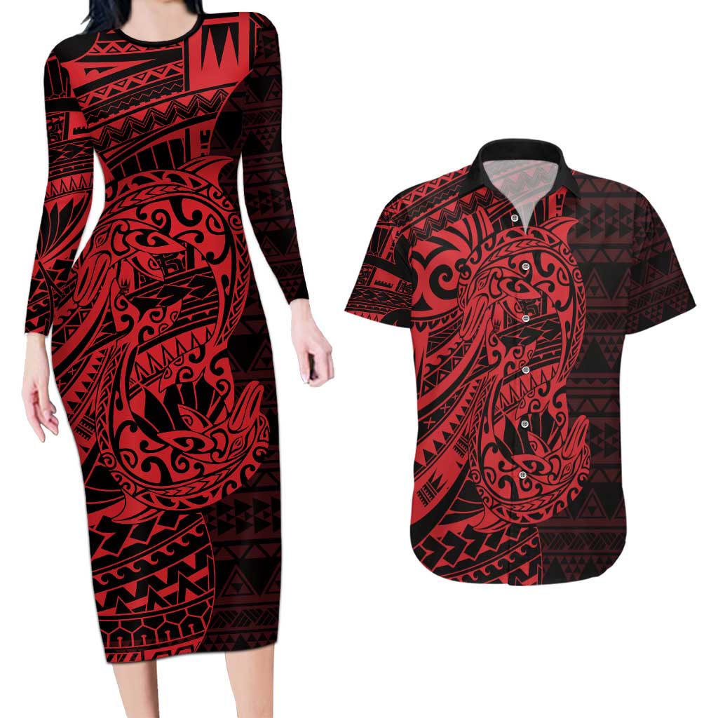 Red Couple Dolphins Maori Polynesian Style Couples Matching Long Sleeve Bodycon Dress and Hawaiian Shirt LT9 Red - Polynesian Pride