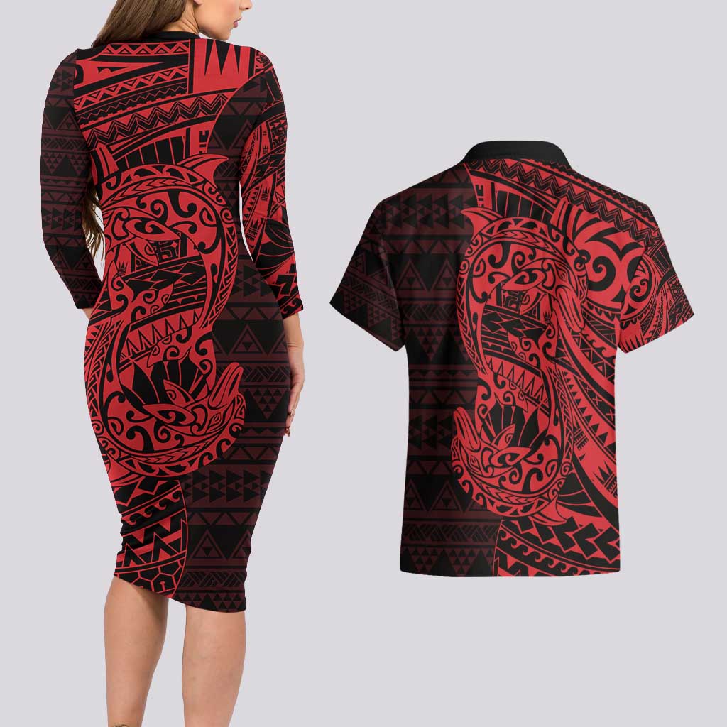 Red Couple Dolphins Maori Polynesian Style Couples Matching Long Sleeve Bodycon Dress and Hawaiian Shirt LT9 - Polynesian Pride