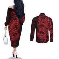 Red Couple Dolphins Maori Polynesian Style Couples Matching Off The Shoulder Long Sleeve Dress and Long Sleeve Button Shirt LT9 - Polynesian Pride