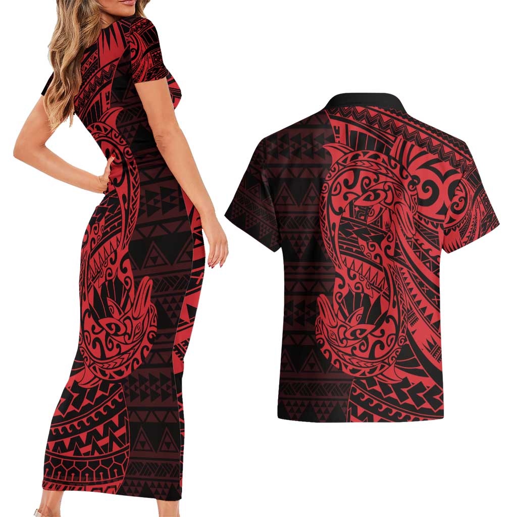 Red Couple Dolphins Maori Polynesian Style Couples Matching Short Sleeve Bodycon Dress and Hawaiian Shirt LT9 - Polynesian Pride