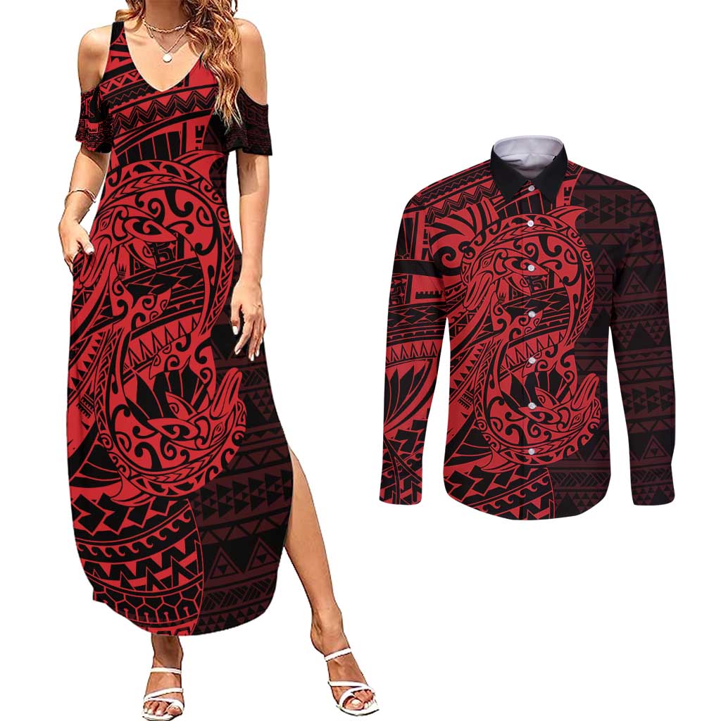 Red Couple Dolphins Maori Polynesian Style Couples Matching Summer Maxi Dress and Long Sleeve Button Shirt LT9 Red - Polynesian Pride