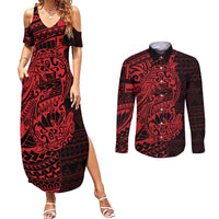 Red Couple Dolphins Maori Polynesian Style Couples Matching Summer Maxi Dress and Long Sleeve Button Shirt LT9 Red - Polynesian Pride