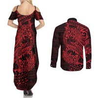 Red Couple Dolphins Maori Polynesian Style Couples Matching Summer Maxi Dress and Long Sleeve Button Shirt LT9 - Polynesian Pride