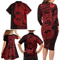 Red Couple Dolphins Maori Polynesian Style Family Matching Long Sleeve Bodycon Dress and Hawaiian Shirt LT9 - Polynesian Pride