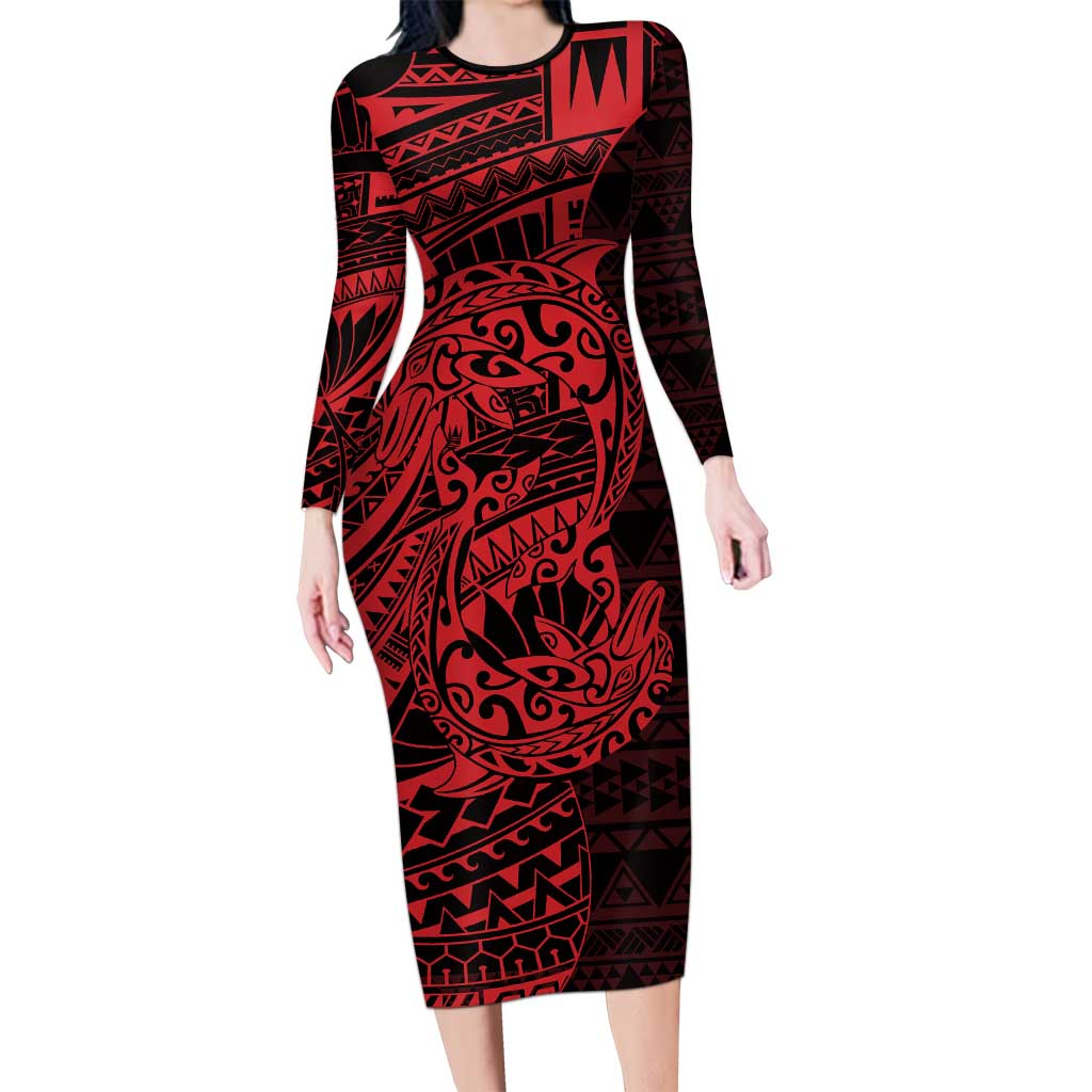 Red Couple Dolphins Maori Polynesian Style Family Matching Long Sleeve Bodycon Dress and Hawaiian Shirt LT9 Mom's Dress Red - Polynesian Pride
