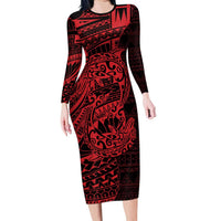 Red Couple Dolphins Maori Polynesian Style Family Matching Long Sleeve Bodycon Dress and Hawaiian Shirt LT9 Mom's Dress Red - Polynesian Pride