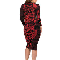 Red Couple Dolphins Maori Polynesian Style Family Matching Long Sleeve Bodycon Dress and Hawaiian Shirt LT9 - Polynesian Pride