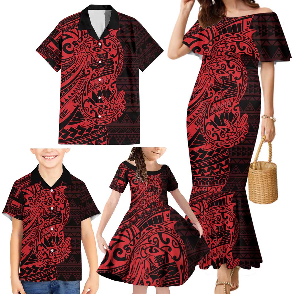 Red Couple Dolphins Maori Polynesian Style Family Matching Mermaid Dress and Hawaiian Shirt LT9 - Polynesian Pride