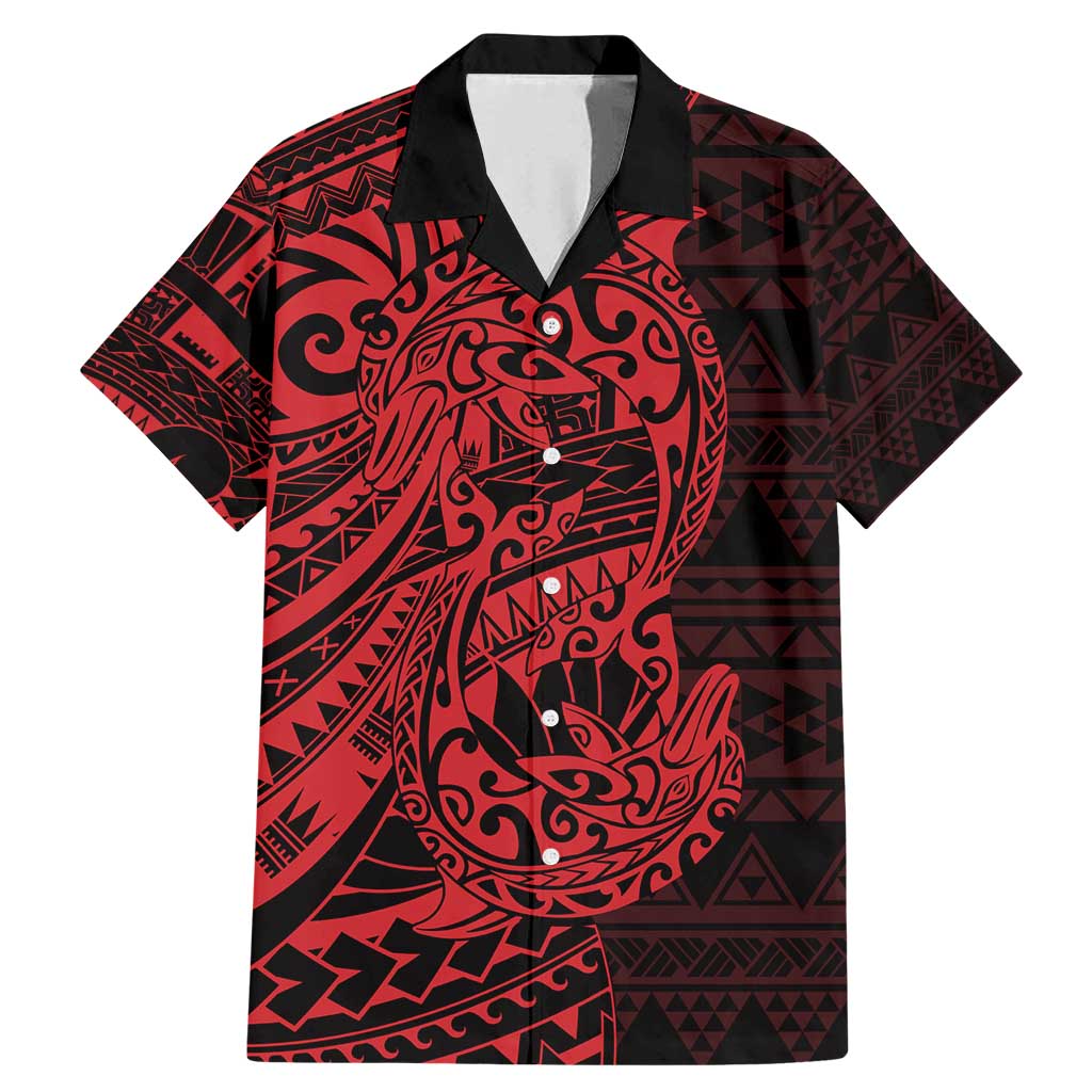 Red Couple Dolphins Maori Polynesian Style Family Matching Mermaid Dress and Hawaiian Shirt LT9 Dad's Shirt - Short Sleeve Red - Polynesian Pride