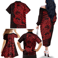 Red Couple Dolphins Maori Polynesian Style Family Matching Off The Shoulder Long Sleeve Dress and Hawaiian Shirt LT9 - Polynesian Pride