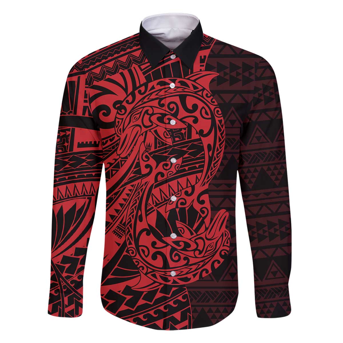 Red Couple Dolphins Maori Polynesian Style Family Matching Off The Shoulder Long Sleeve Dress and Hawaiian Shirt LT9 Dad's Shirt - Long Sleeve Red - Polynesian Pride